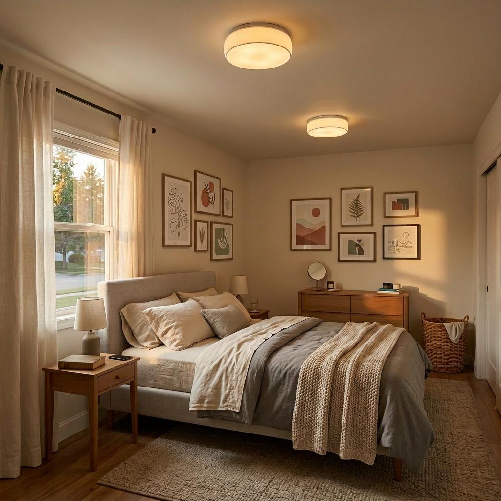 Cozy neutral bedroom with two Glow Dome ceiling light diffusers, soft warm lighting, upholstered bed, wood nightstand, dresser, and framed wall art.