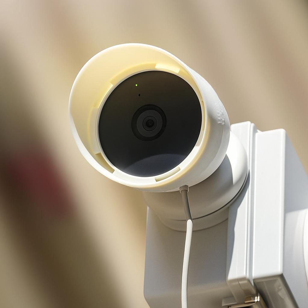 Google Nest Cam 2nd Gen with anti glare shield mounted outdoors in direct sunlight, shield blocking glare and hiding lens for added privacy and theft protection.