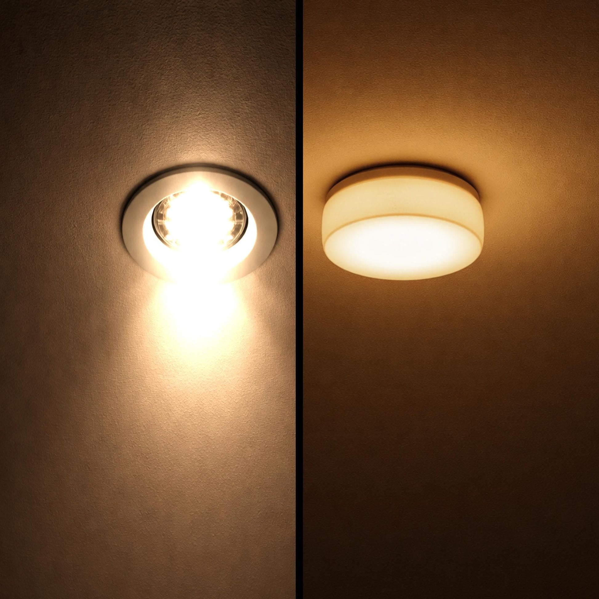 Pot light cover before and after comparison showing harsh recessed LED ceiling lighting transformed by Glow Dome. Left side shows an exposed pot light creating bright glare, harsh hotspots, and uncomfortable light. Right side shows the same pot light with Glow Dome installed, producing soft, warm, evenly diffused lighting that reduces glare and creates a cozy, comfortable atmosphere.