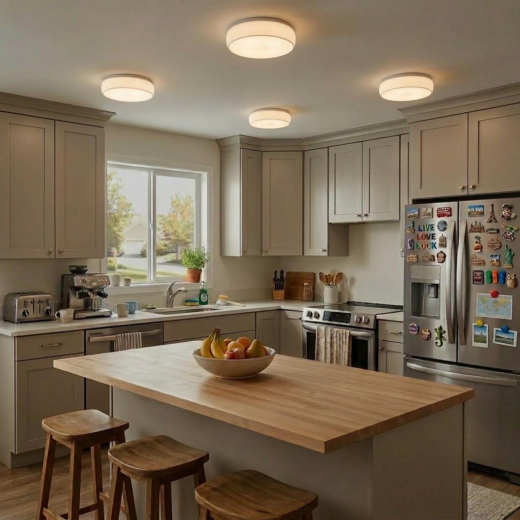 Modern kitchen with four Glow Dome ceiling light diffusers, soft warm overhead lighting, wood island, gray cabinets, stainless steel fridge, and everyday home details.