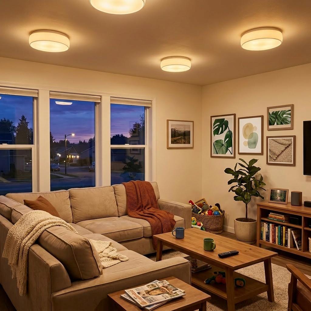 Warm family living room with four Glow Dome ceiling light diffusers, beige sectional sofa, wood coffee table, wall art, plant, and soft evening lighting.